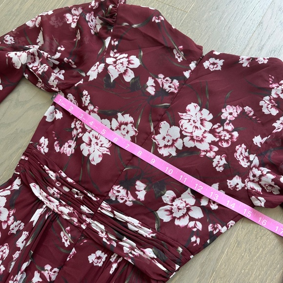 Ieena for Mac Duggal Floral Chiffon Burgundy Red Long Sleeve Maxi Dress V-Neck 0 - Picture 10 of 11